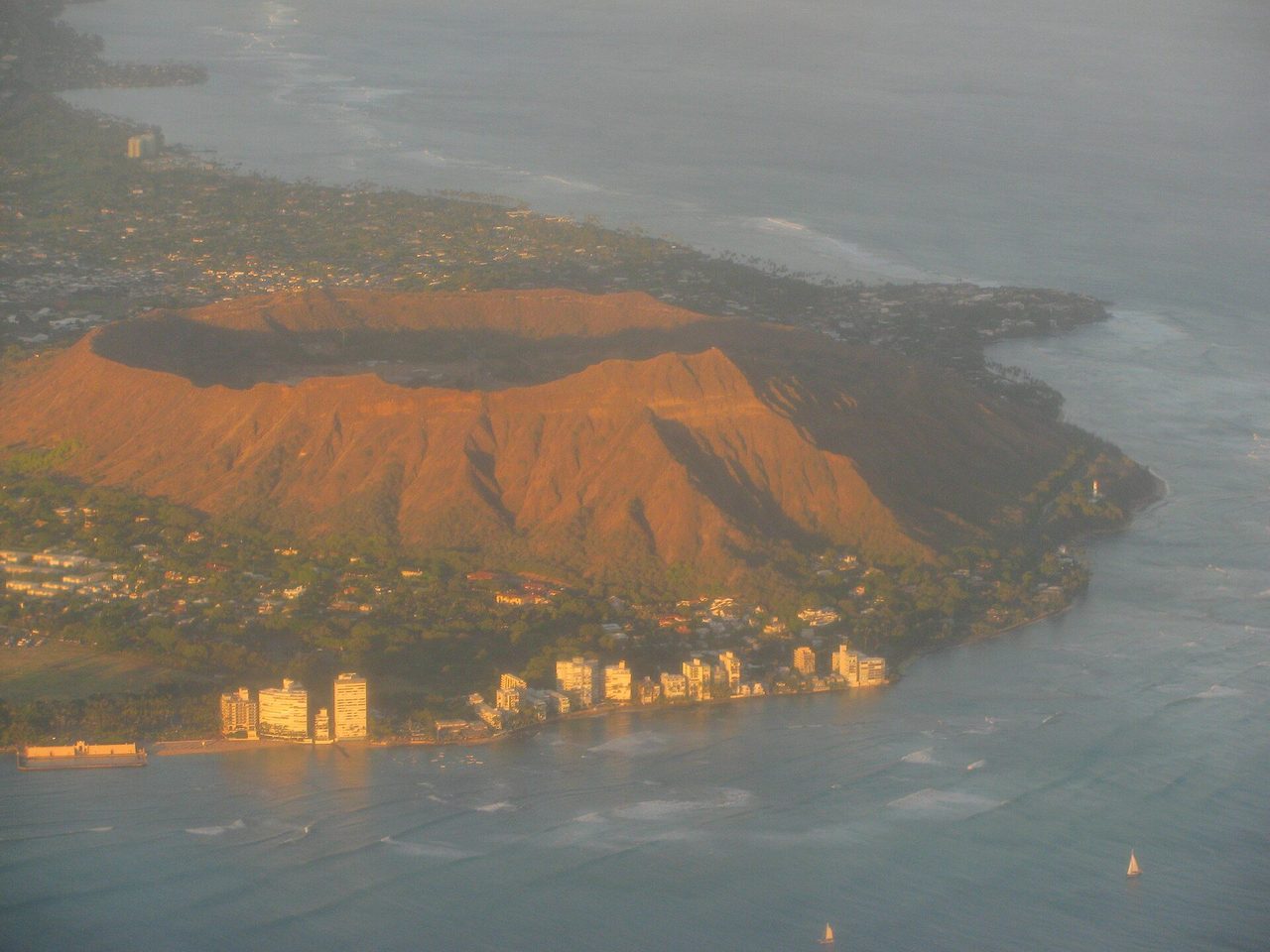 Diamond Head crater from the air, with Waikiki behind