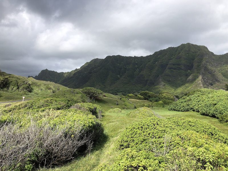 Green Kaʻaʻawa Valley cliffs near Kualoa on Oahu's windward side