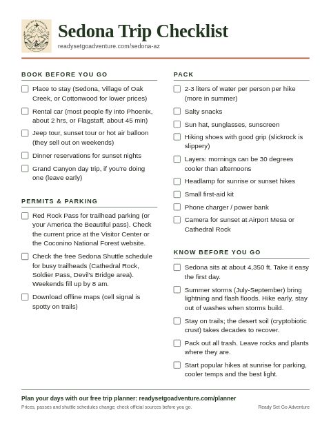 The one-page Sedona Trip Checklist: book before you go, permits and parking, pack, know before you go