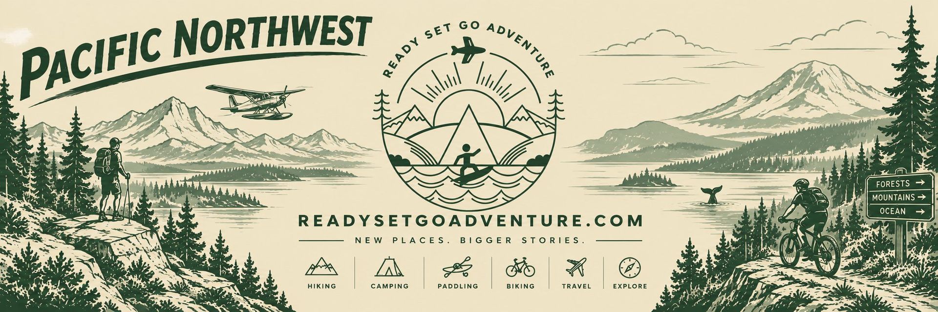 Pacific Northwest adventure banner - hiking, camping, paddling, biking