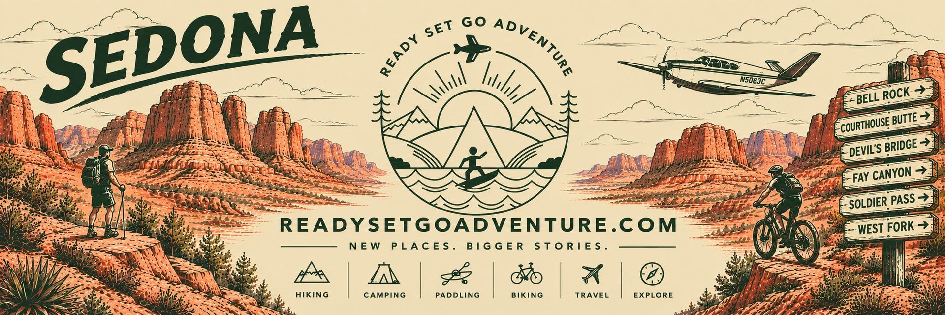 Sedona, Arizona adventure banner - hiking, camping, paddling, biking